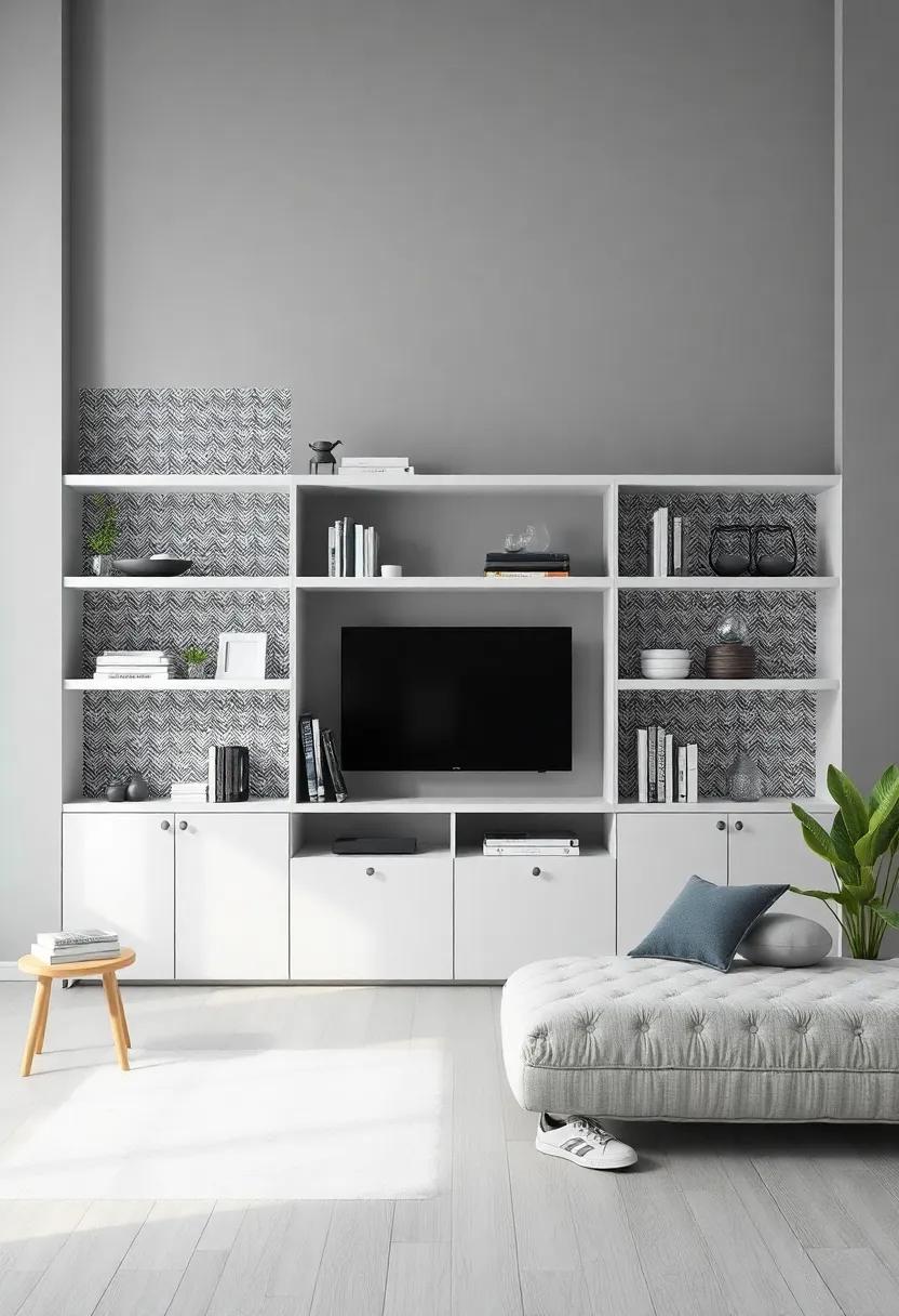 Bold Patterns on the Shelves: Paint ​your shelves ⁢or use patterned wallpaper on the back of the shelves to create a striking visual‌ against gray walls
