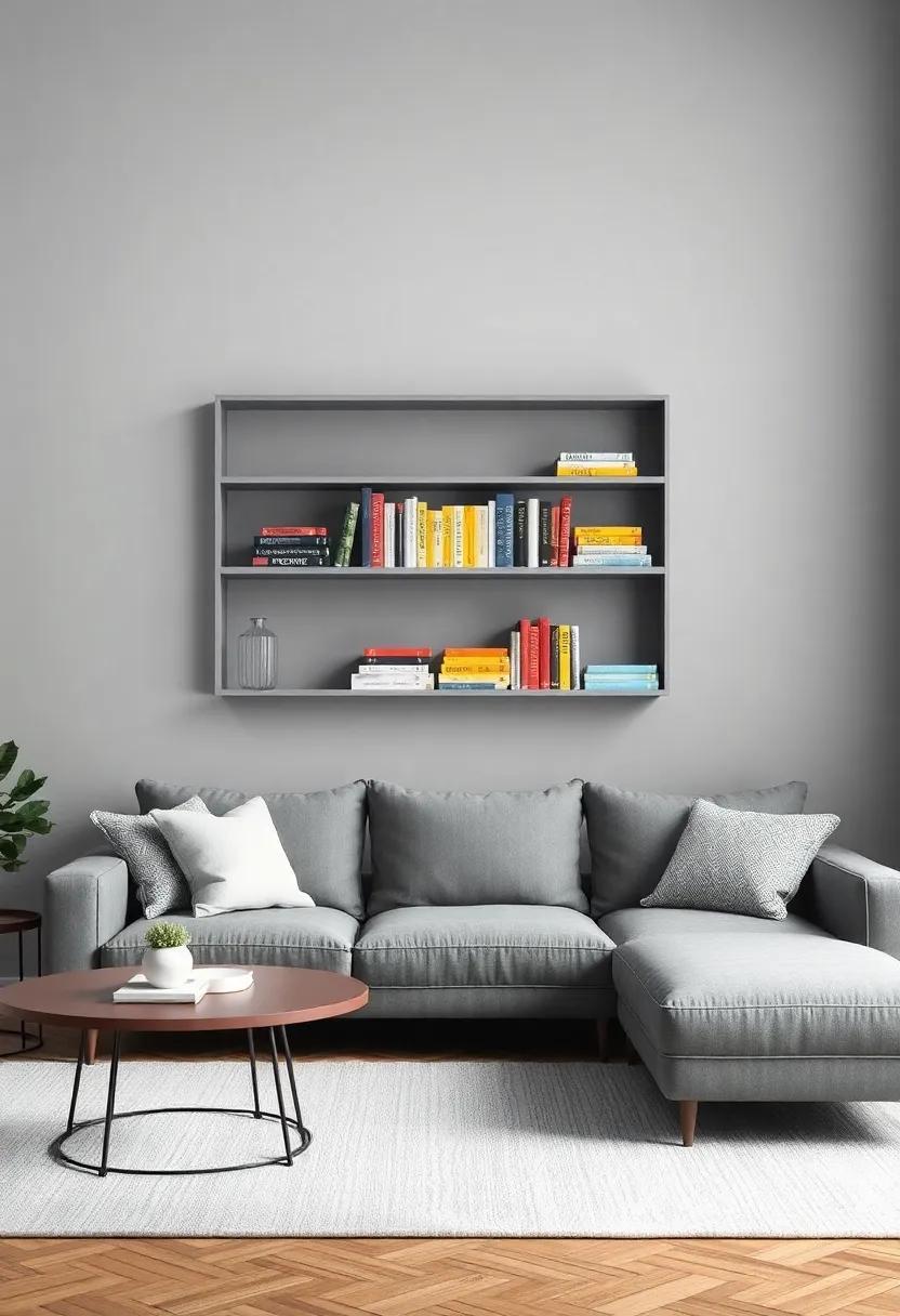 Books as Art: Display ‌colorful ​books on gray shelves, allowing the‌ spines to introduce vibrant hues without overwhelming the minimalist aesthetic