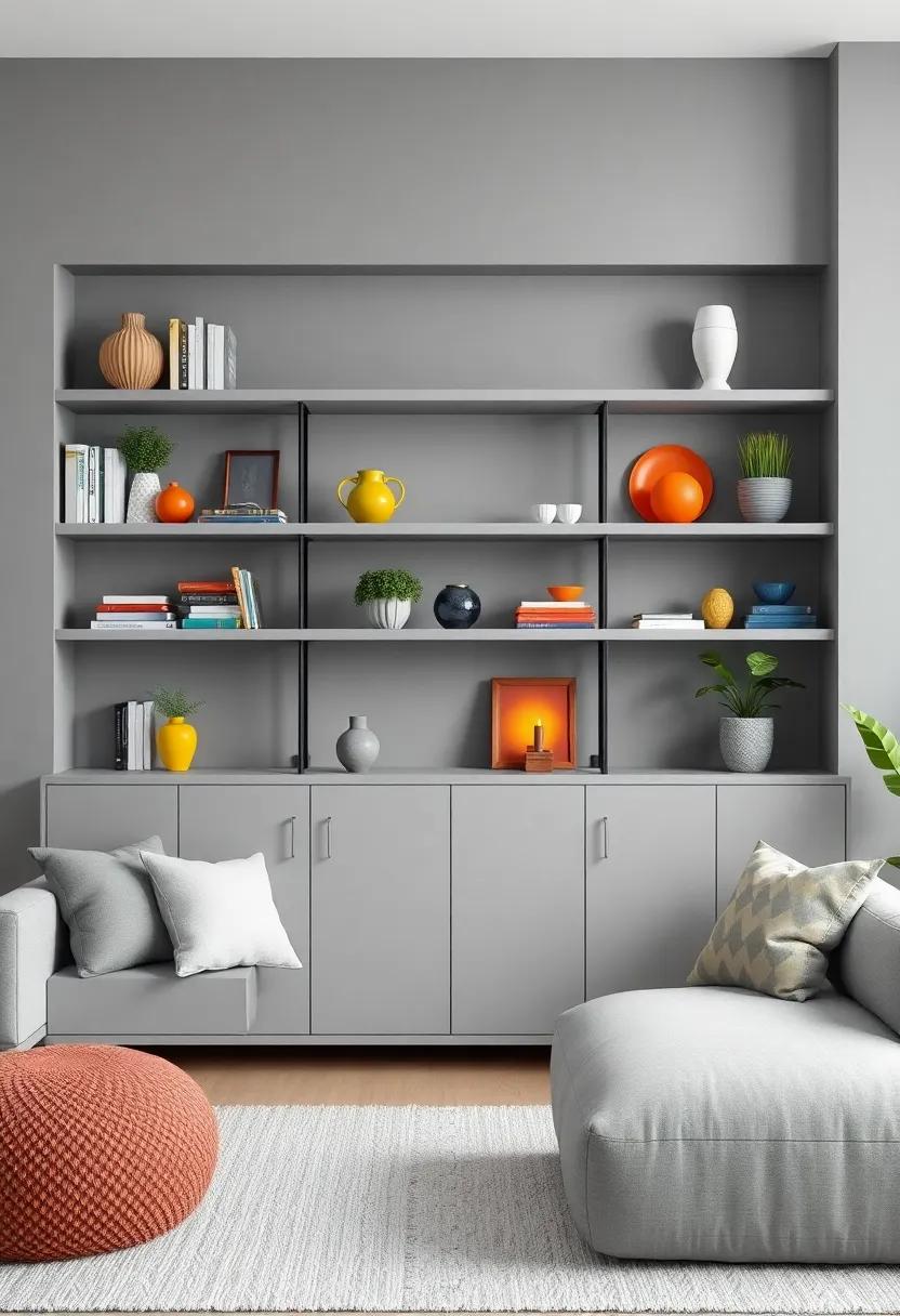 Colorful Accessories: Incorporate colorful accessories on your gray shelves to break the monotony and add playful accents to your décor