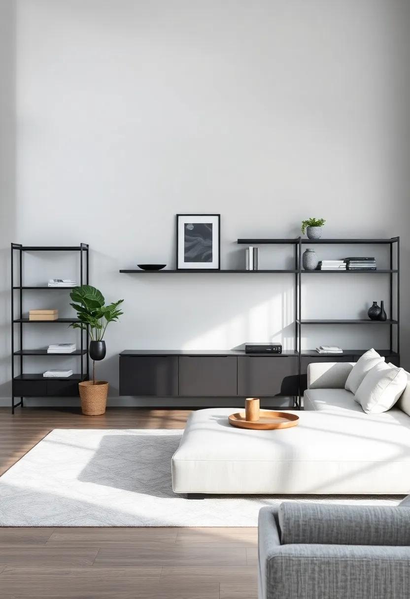 Contrast with Darker Accents: Introduce dark wood or black metal shelving to contrast beautifully against light gray walls and add depth to the room