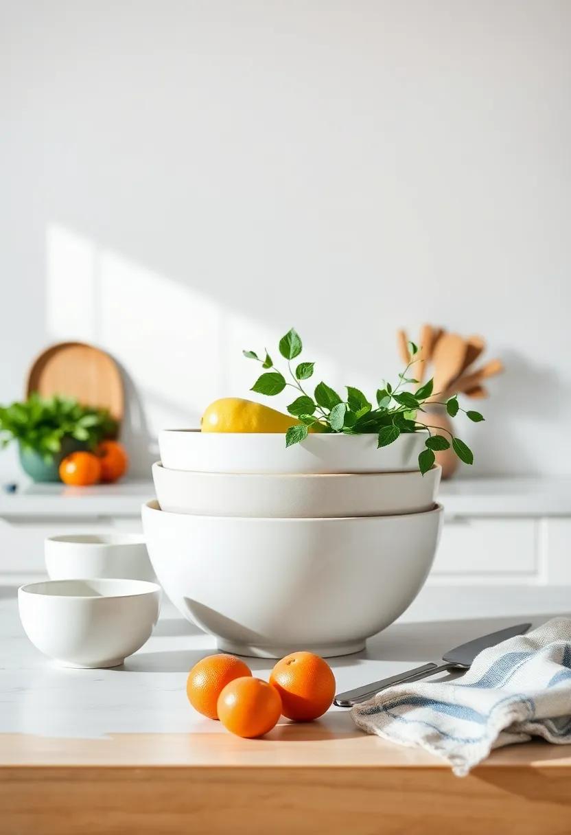 Mixing‌ Bowl Set: Showcase a beautiful set of mixing bowls ⁣as both‌ decor and⁣ functional‍ items that integrate ‍with your culinary‌ activities
