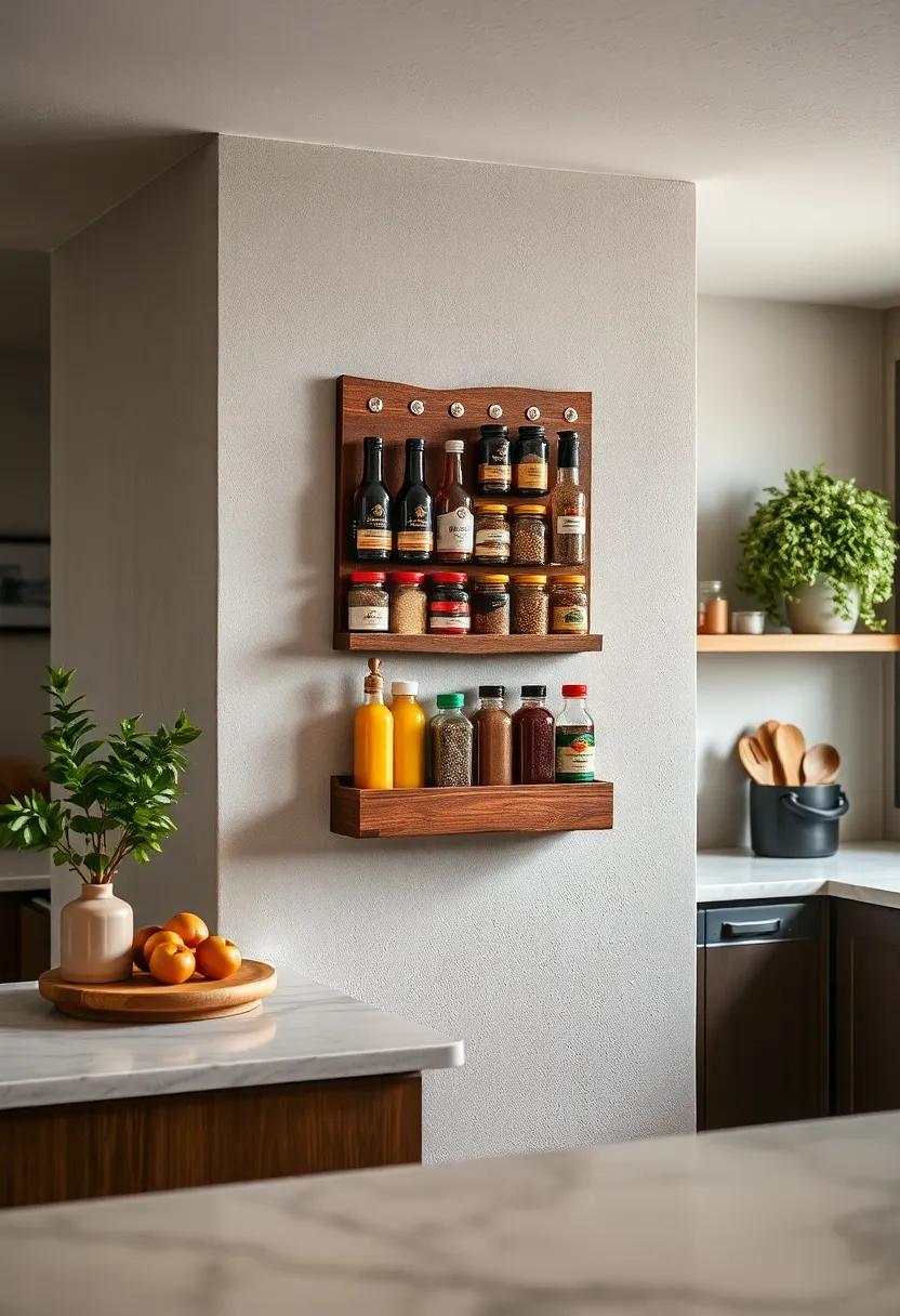 Add a wall-mounted spice rack crafted from reclaimed wood to keep your favorite flavors at hand and well displayed