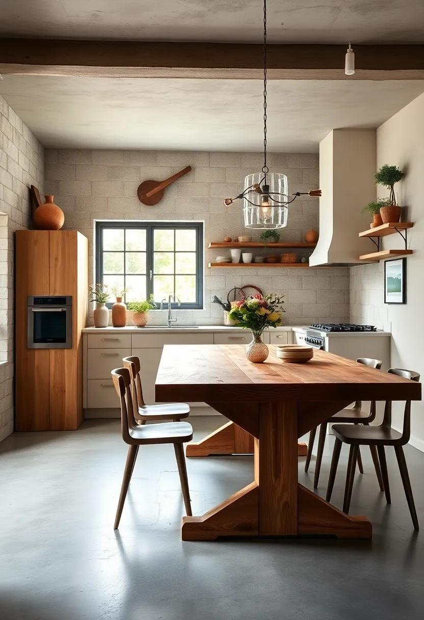 Highlight a​ wooden dining table​ that doubles as a prep⁤ space, fostering‍ a warm gathering⁣ spot for family and friends