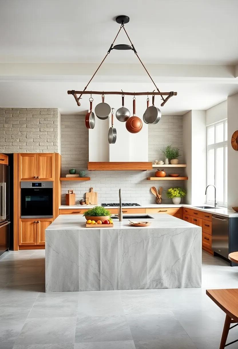 Install a pot rack above the island for both functionality and visual appeal, drawing the eye upward in a spacious kitchen