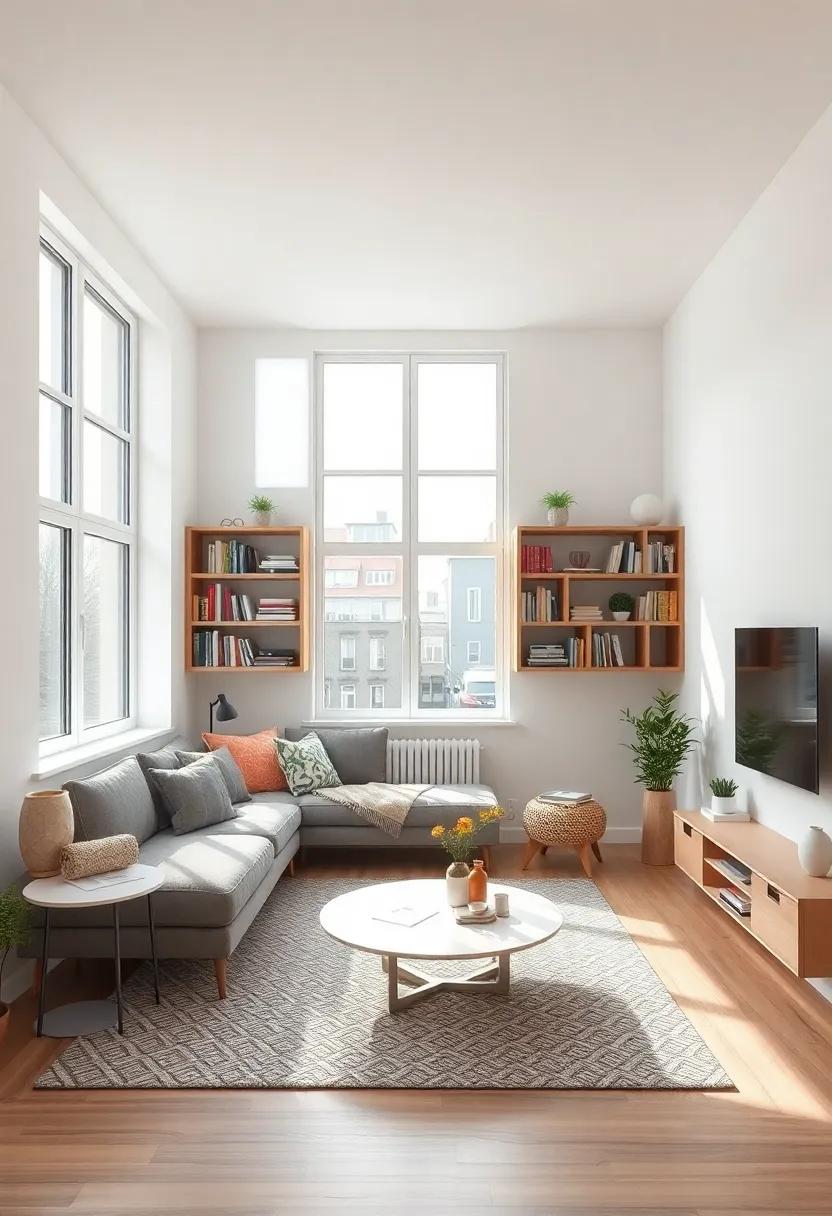 Built-in ‌shelves: Consider built-in shelving near the windows to showcase⁣ books and decorative ‍items while keeping‌ the floor space clear