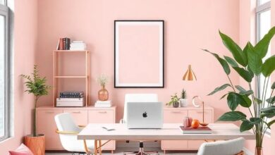 Chic Workspace: Elegant Home Office in Blush Pink and Rose Gold Accents