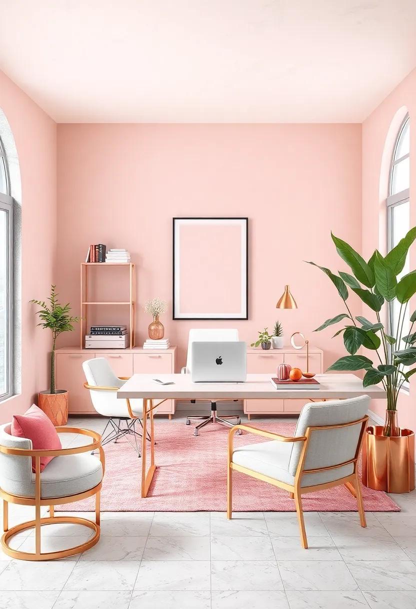 Chic Workspace: Elegant Home Office in Blush Pink and Rose Gold Accents