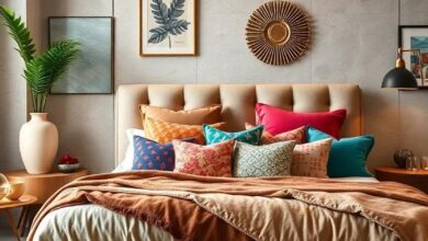 A Chic Eclectic Bedroom Featuring an Array of Luxurious Pillows