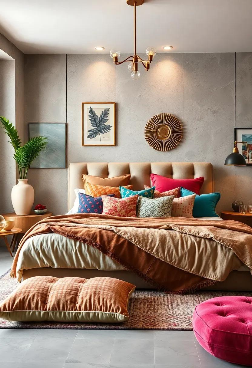 A Chic Eclectic Bedroom Featuring an Array of Luxurious Pillows