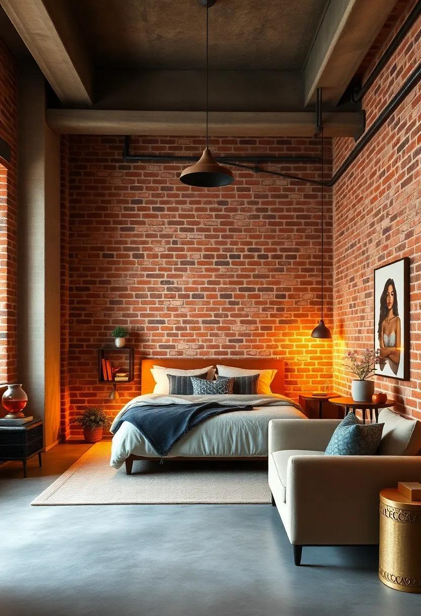 Cozy Charm: Exposed Brick Loft Bedroom Bathed in Warm Industrial Glow