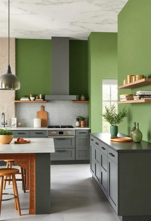 25 Inspiring Ideas for Green Kitchen Walls Paired with Stylish Grey Cabinets