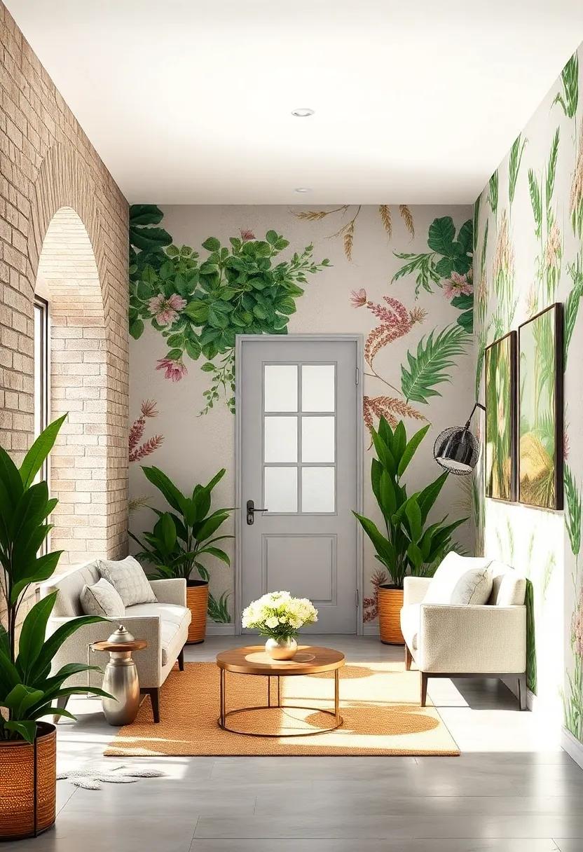 Botanical Mural Walls Bringing Nature Into Narrow Entryways With Lush Greenery And Soft Color Palettes