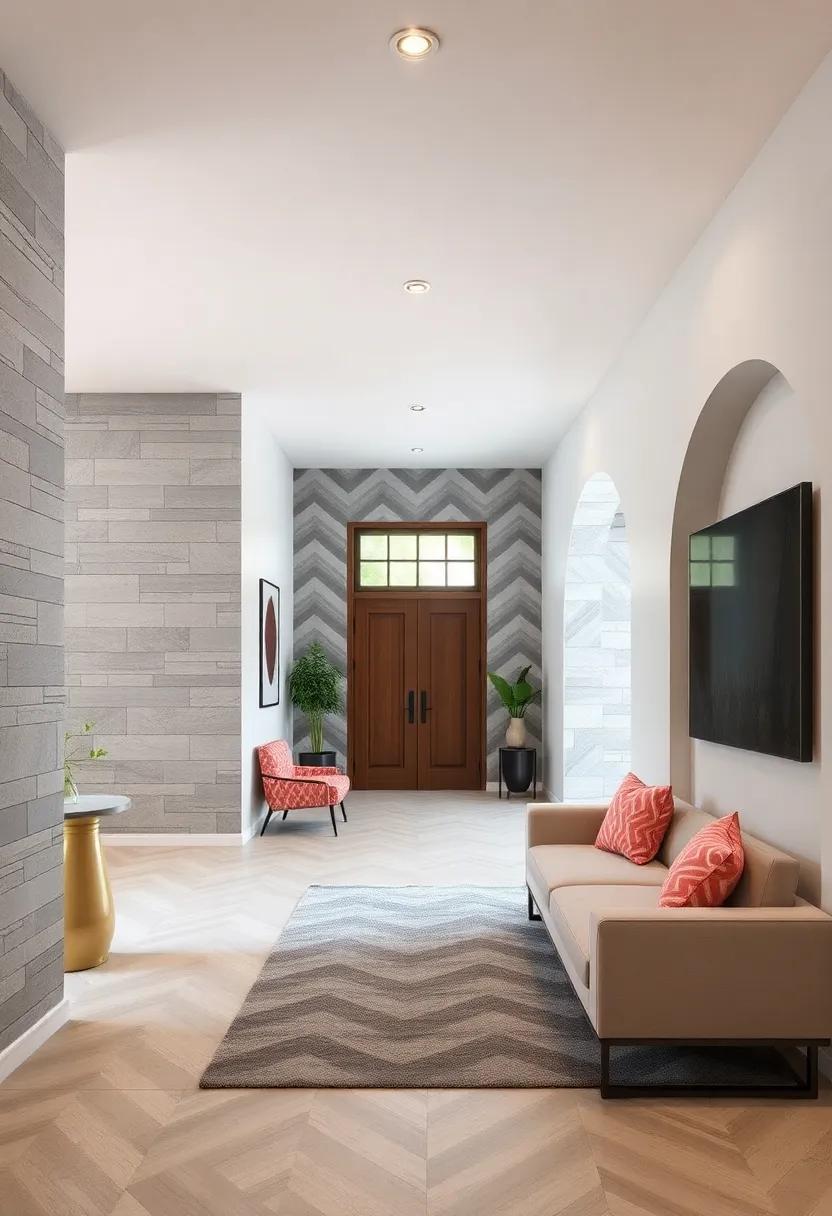 Subtle Yet Striking Chevron Patterns Adding Rhythm And Energy To Elongated Entryway Walls