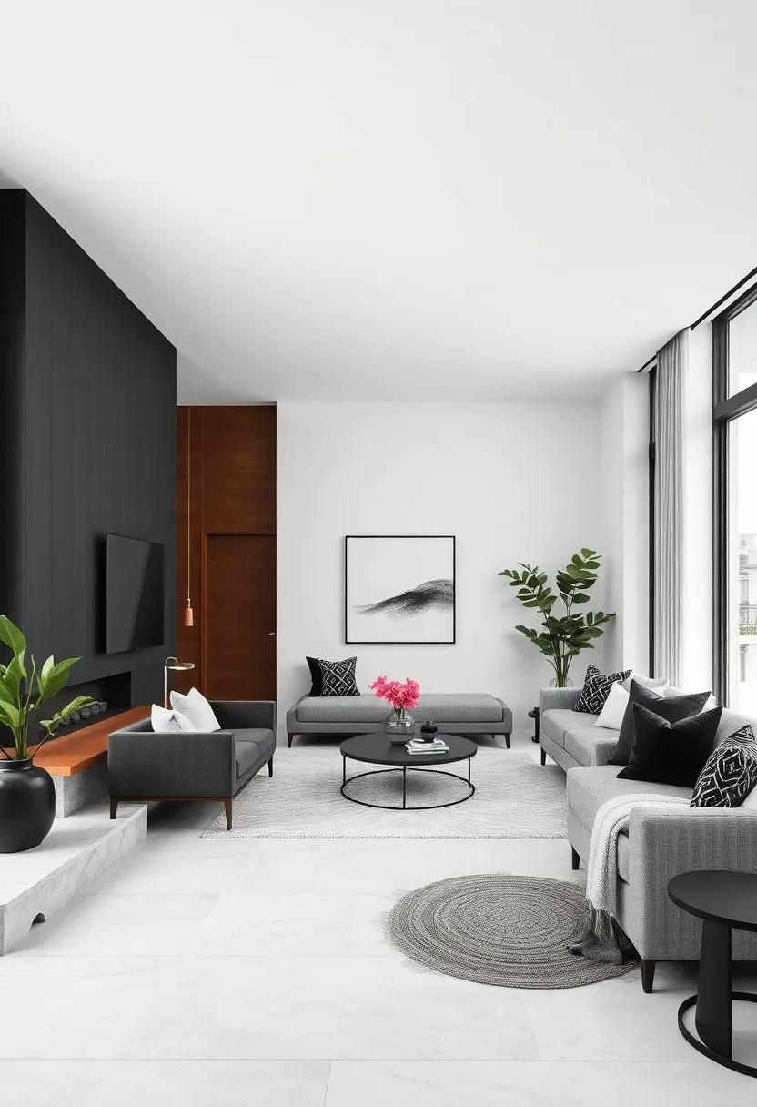 Minimalist Black and White Living Room With Clean Lines and Open Spaces