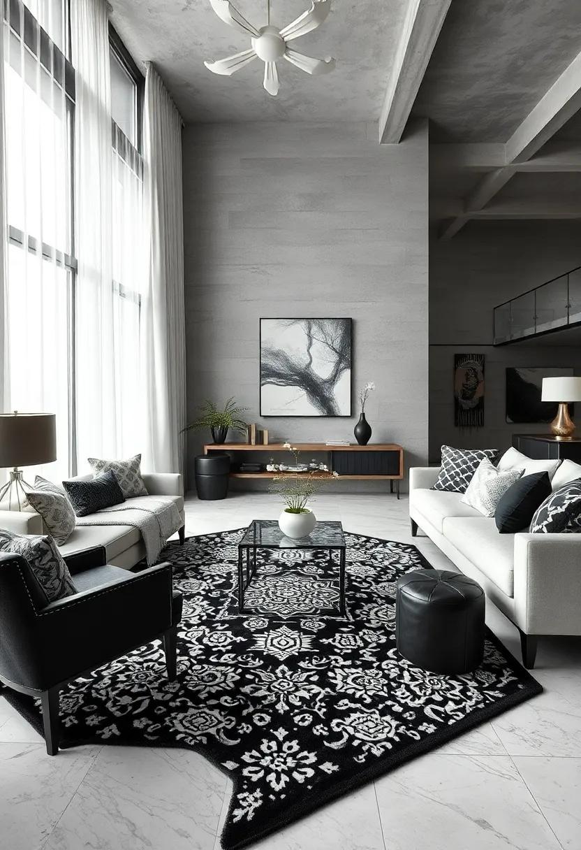 Black and White Rugs with Intricate Patterns Anchoring the Living Room Design