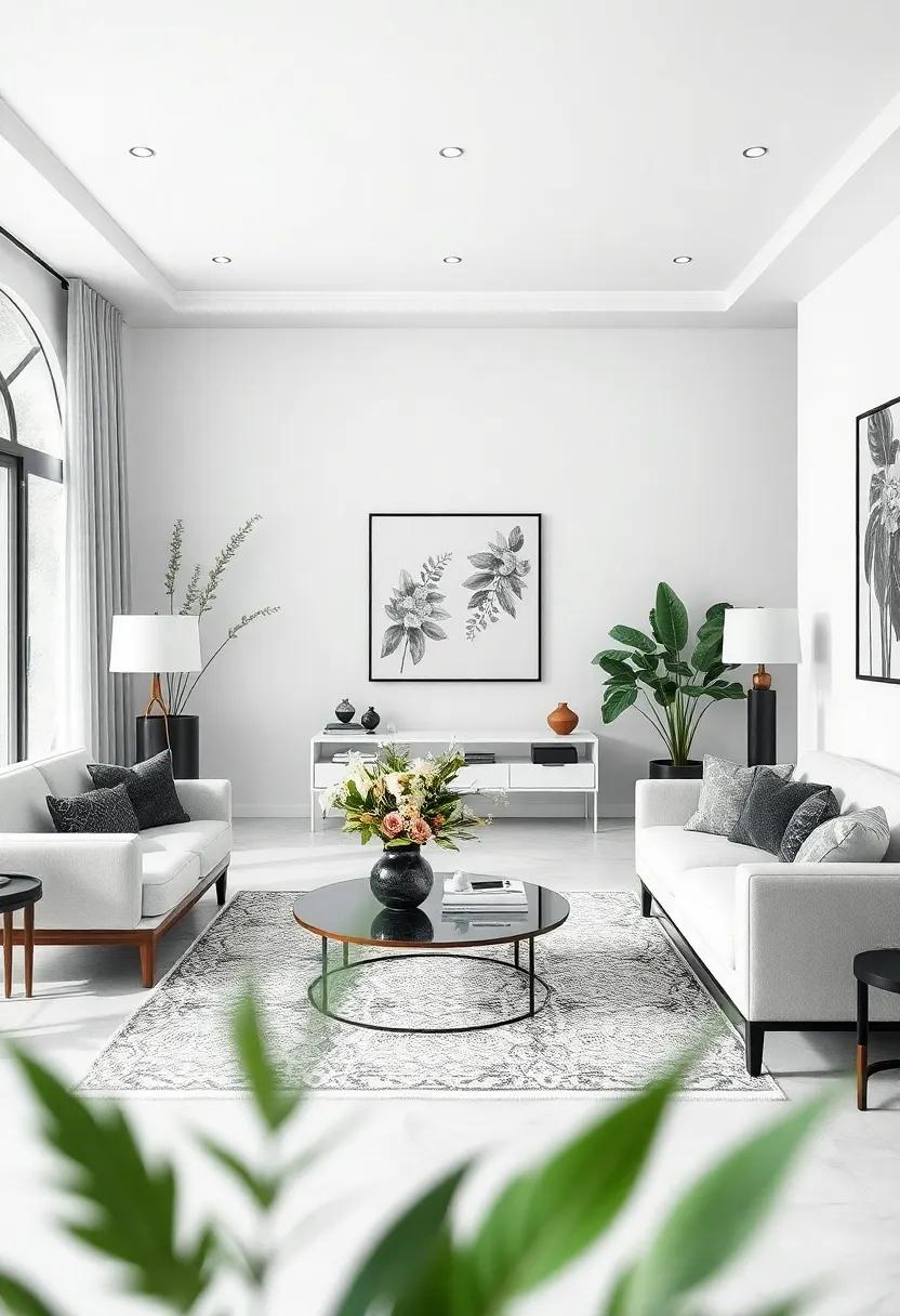 Monochrome Floral Arrangements and Botanical Prints Bringing Life to a Neutral Space