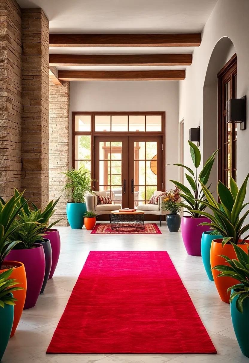 Bold Colored Pots and Planters Line the Entry Path to Enhance Color Vibrancy and Visual Interest