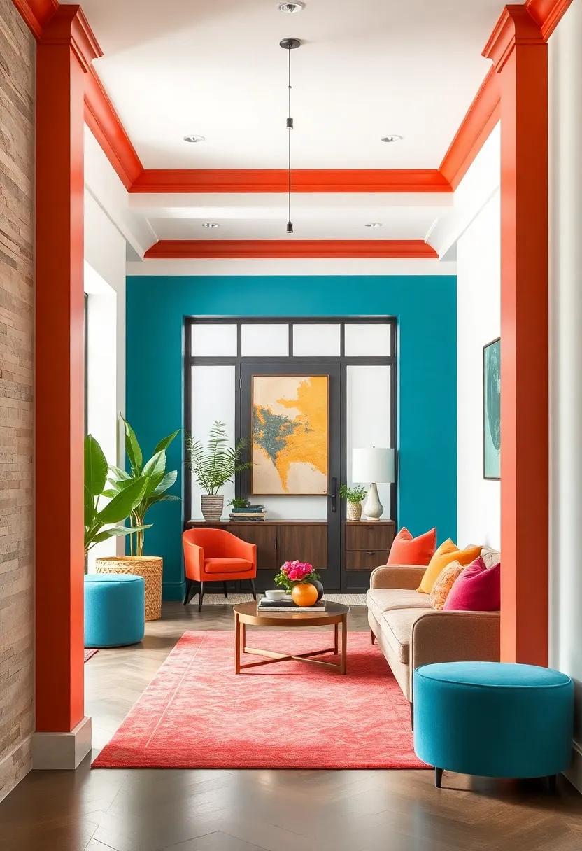 Bold Paint on Entryway Trim and Molding Framing the Space with Distinct Personality and Vibrance