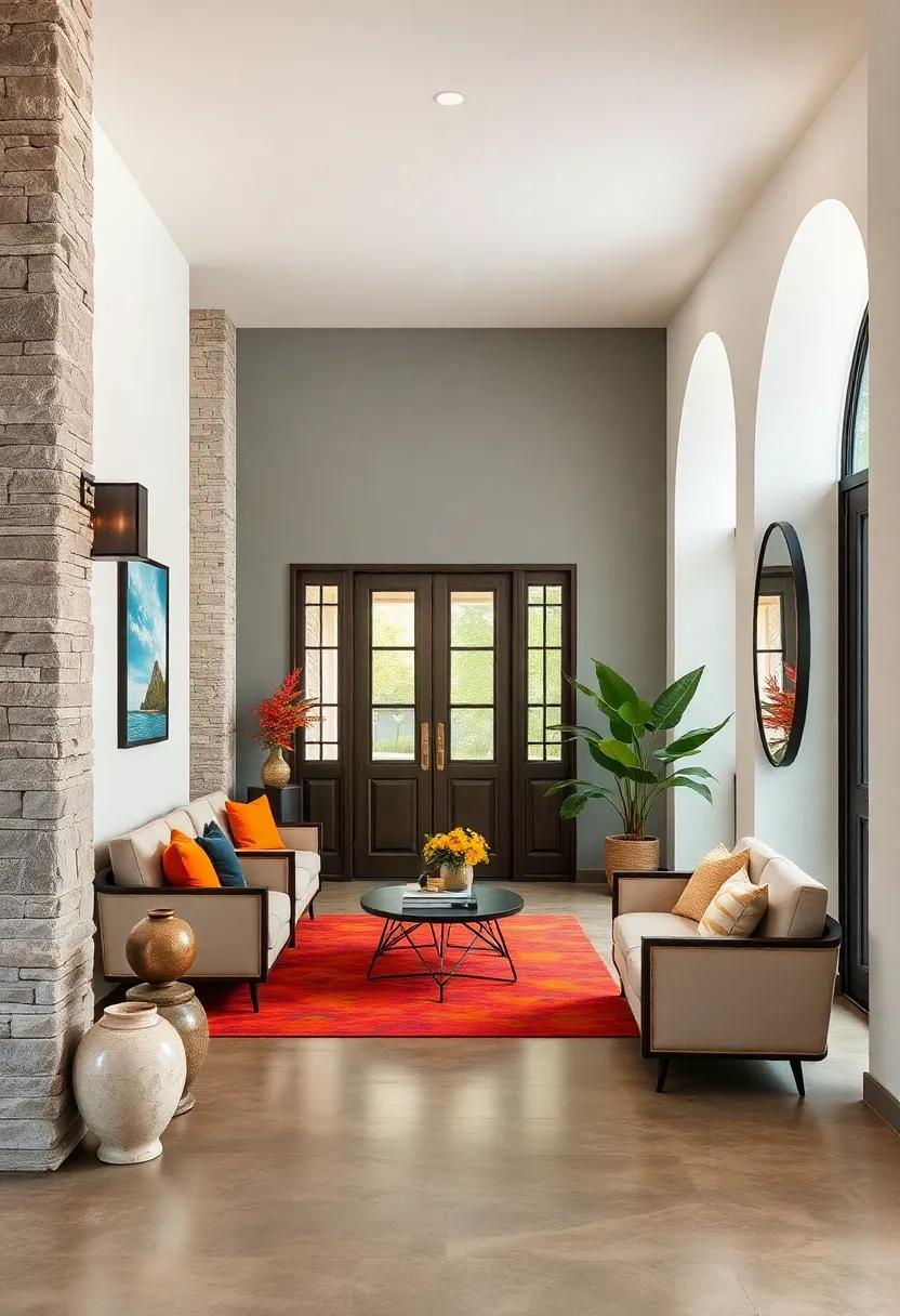 Combination of Mixed Textures with Bold Color Accents Creating a Layered and Inviting Entryway Ambiance