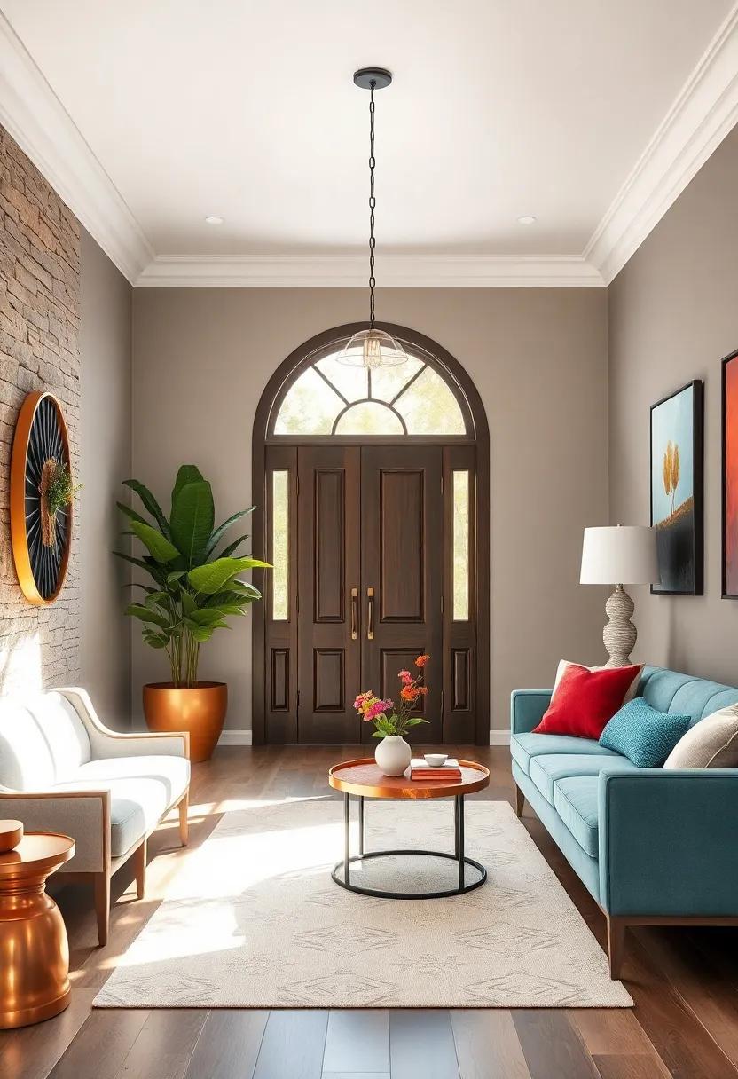 Copper and Brass Accents Paired With Bold Color Palettes for a Rich and Inviting Entryway Glow