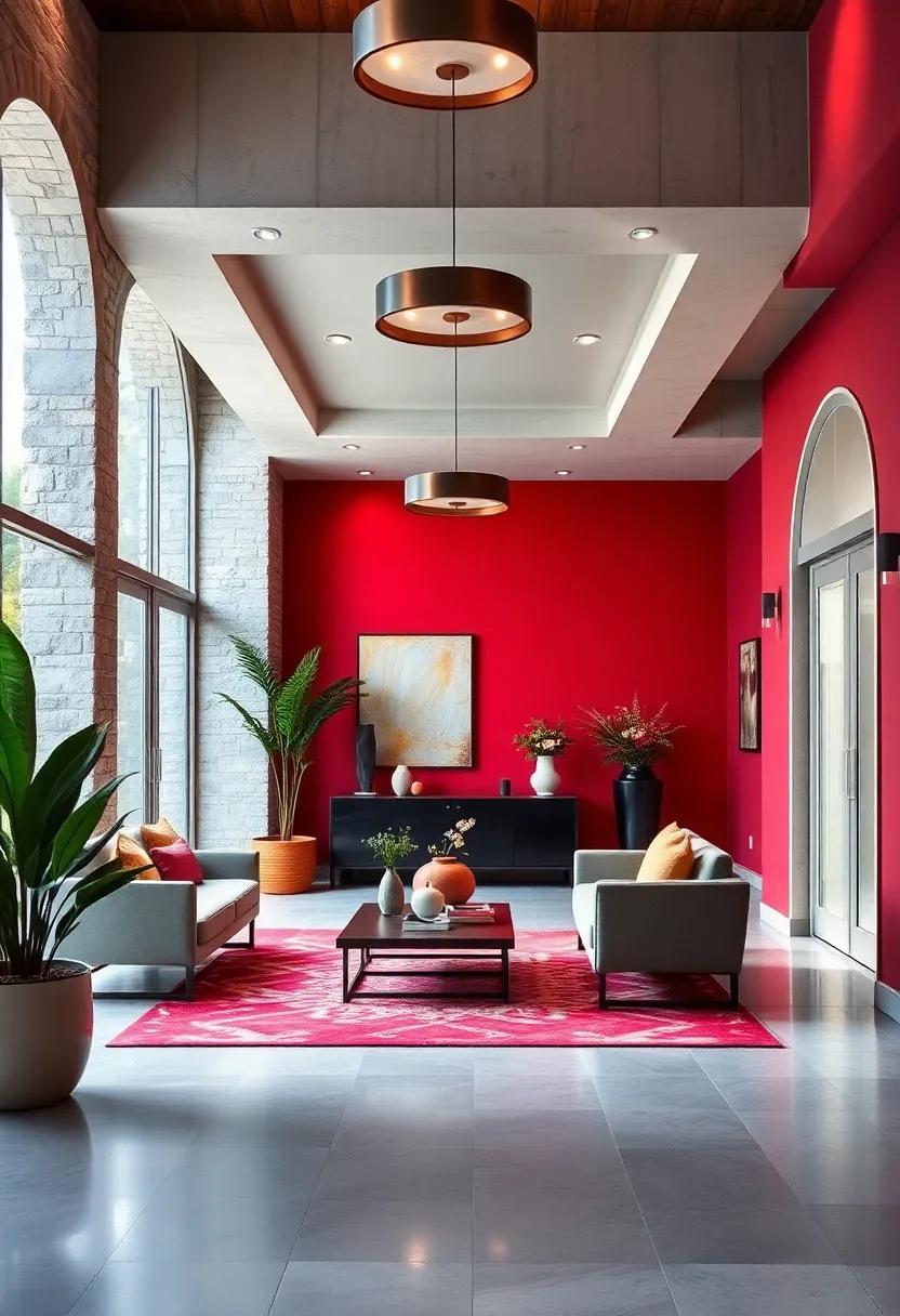 Dynamic Lighting Fixtures in Saturated Tones Amplifying Drama and Depth in an Entryway Setting