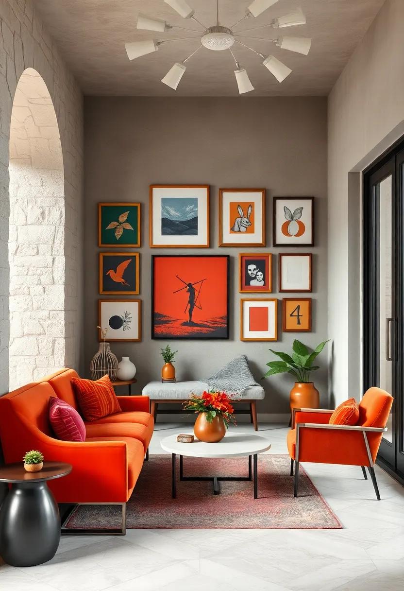 Gallery Wall Featuring Bold Colored Frames and Artworks Setting a Memorable Tone for Your Entryway
