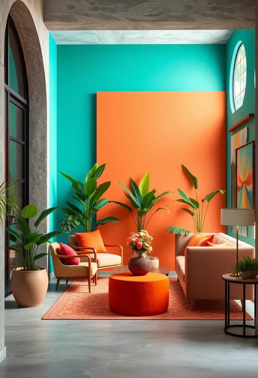 Lush Greenery Against a Painted Bold Accent Wall for a Refreshing and Inviting Entrance Scene