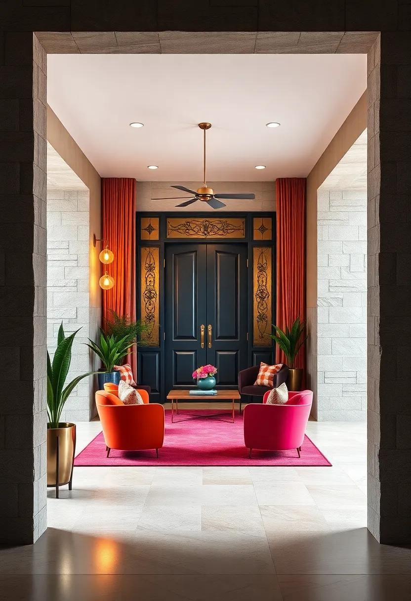 Metallic Hues Paired with Bold Colors to Create a Luxurious and Eye-Catching Entryway Effect