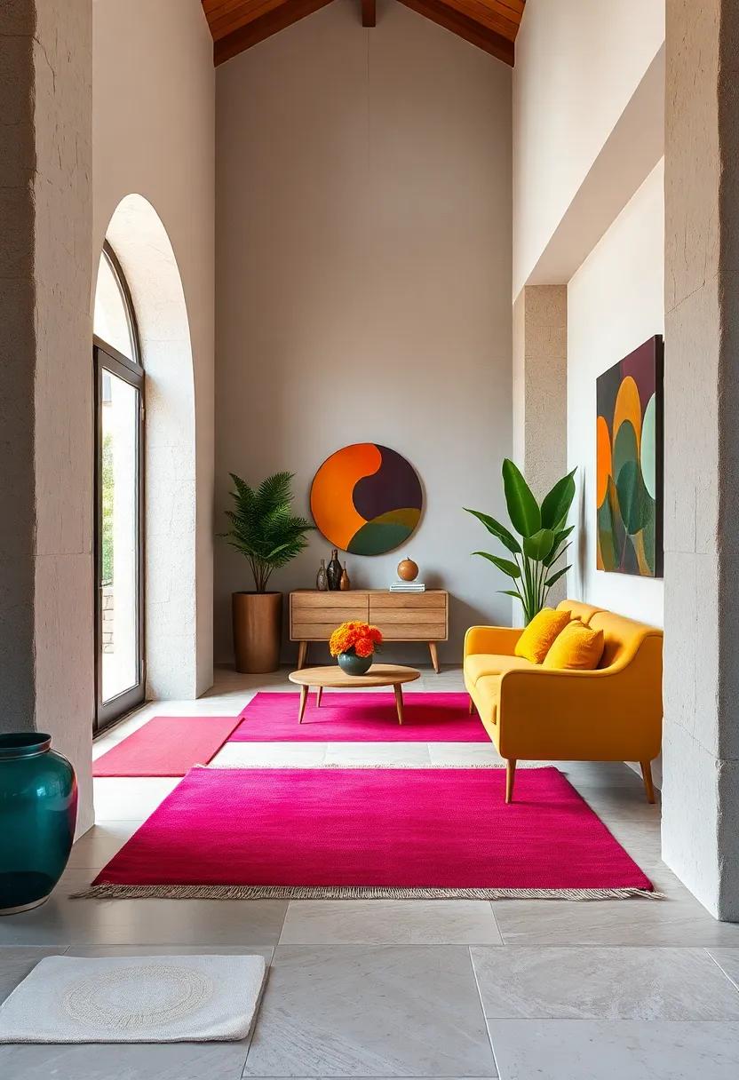 Natural Stone Flooring Accentuated with Bold Color Rugs and Mats Balancing Earthy and Vivid Tones