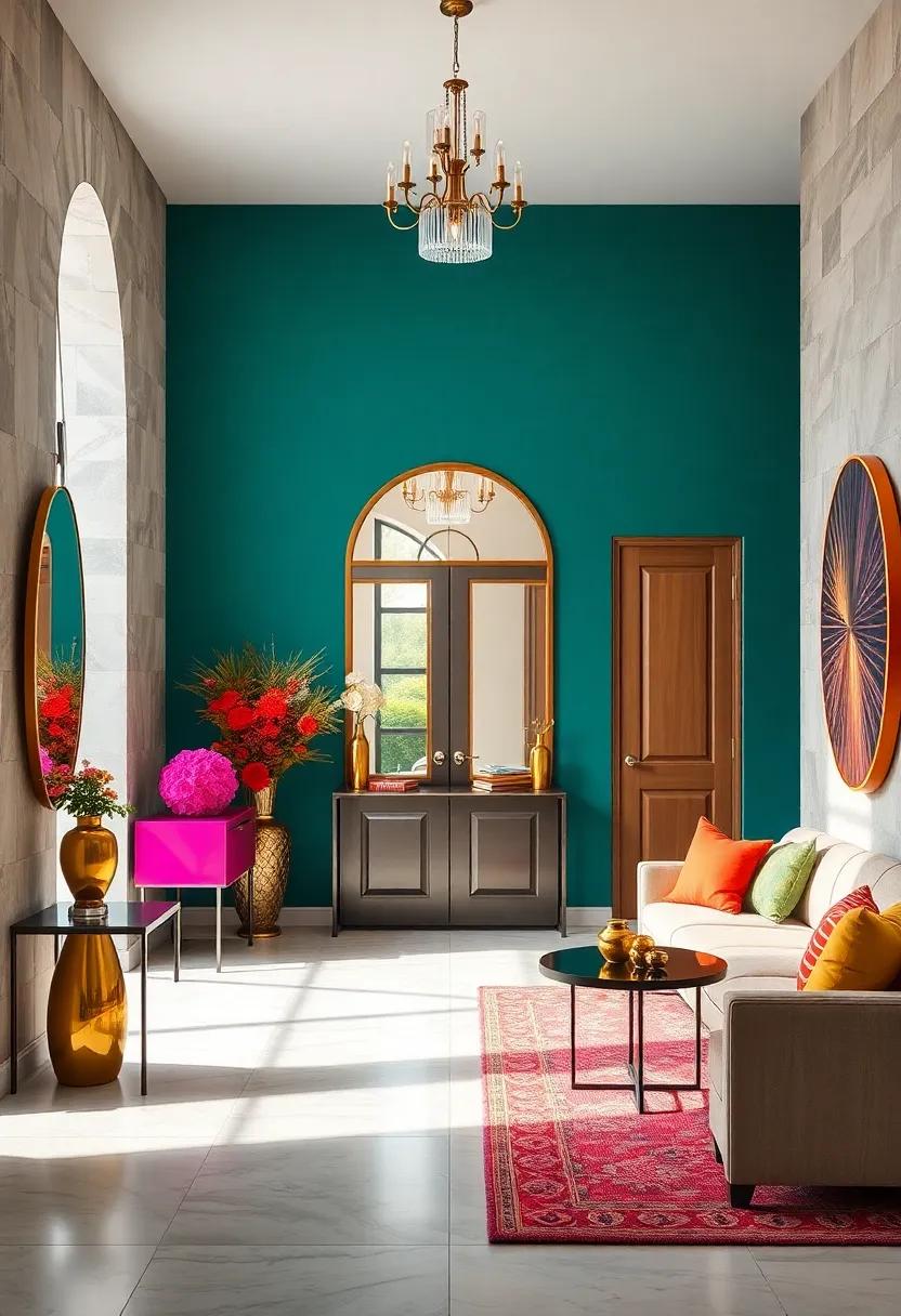 Oversized Colorful Mirrors Reflecting Light and Space, Elevating the Entryway with Bold Visual Interest