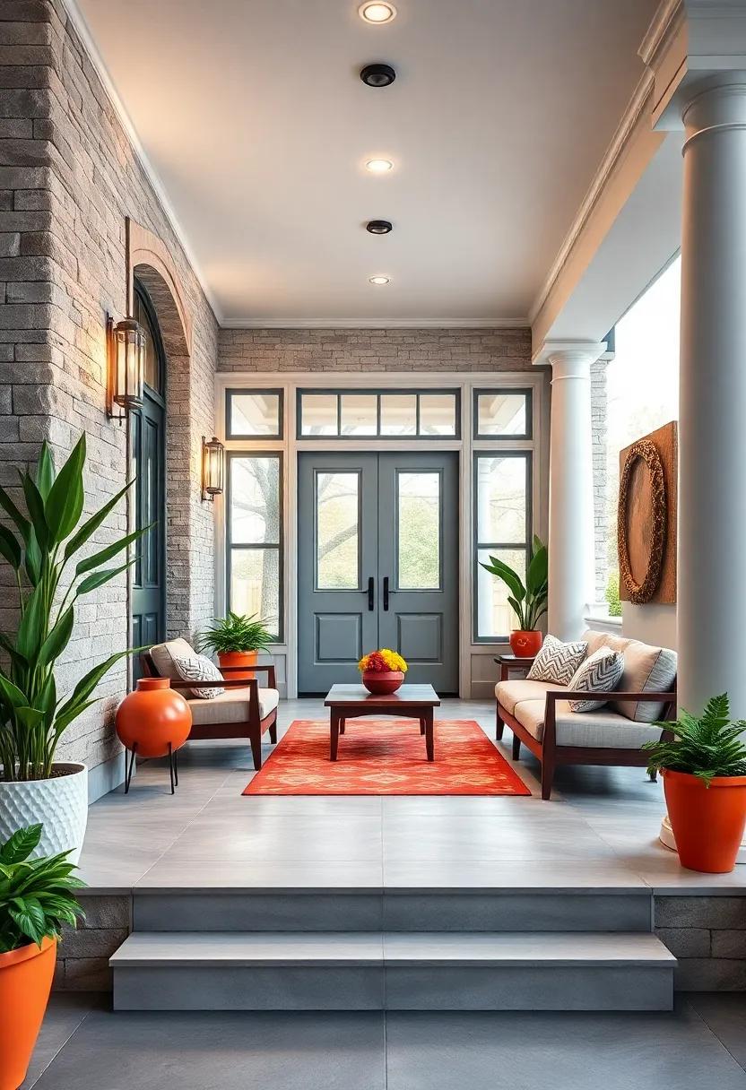 Strategic Use of Color Blocking on Entry Steps and Porch Railings Amplifying the Bold Entry Statement