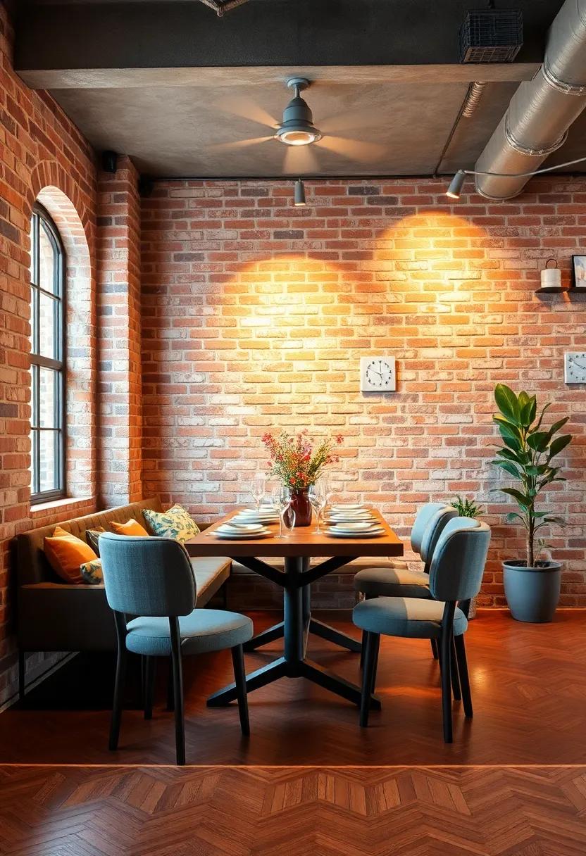 Soft industrial lighting illuminating exposed brick walls in a cozy dining room