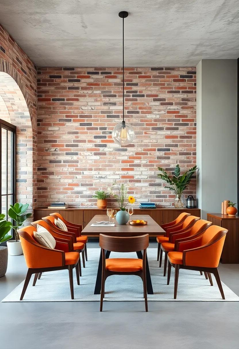 Minimalist dining room featuring a bold brick accent wall and sleek furniture