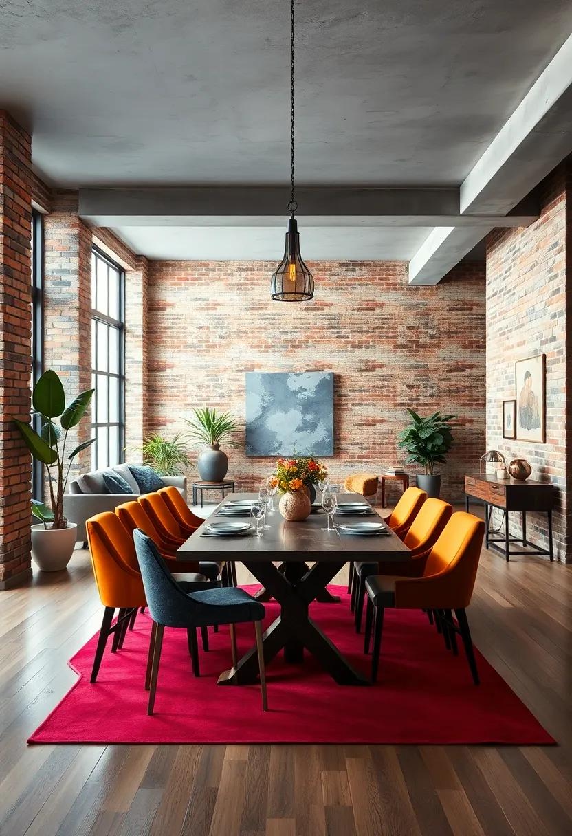 Open-concept industrial dining area featuring brick walls and raw concrete elements