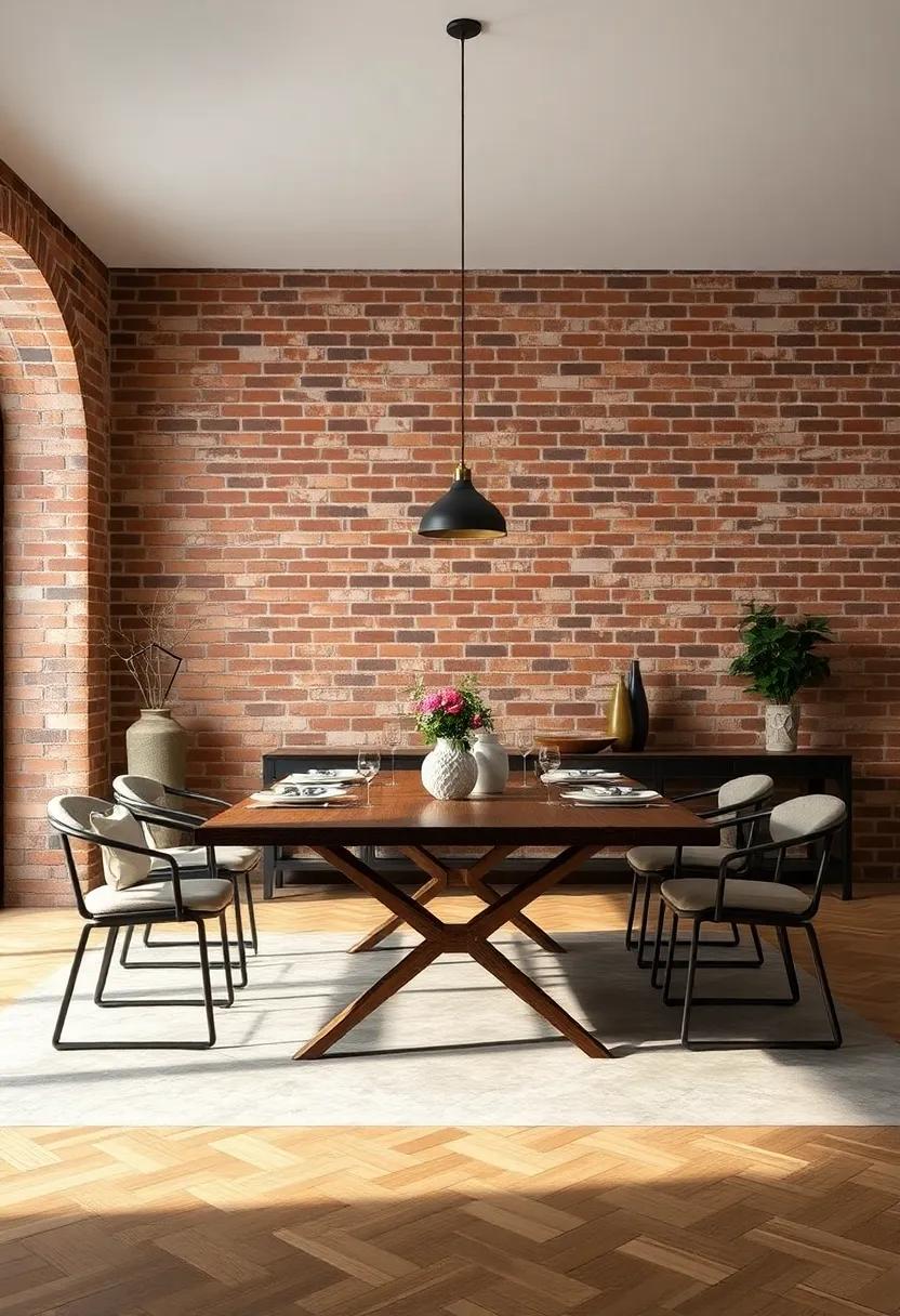 Refined industrial dining table with aged brick walls and metal accents