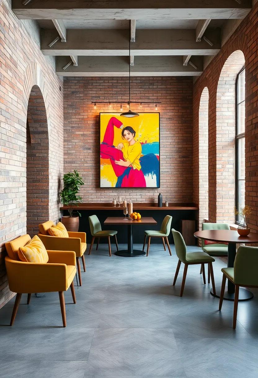 Urban dining room with vibrant artwork contrasting neutral brick walls