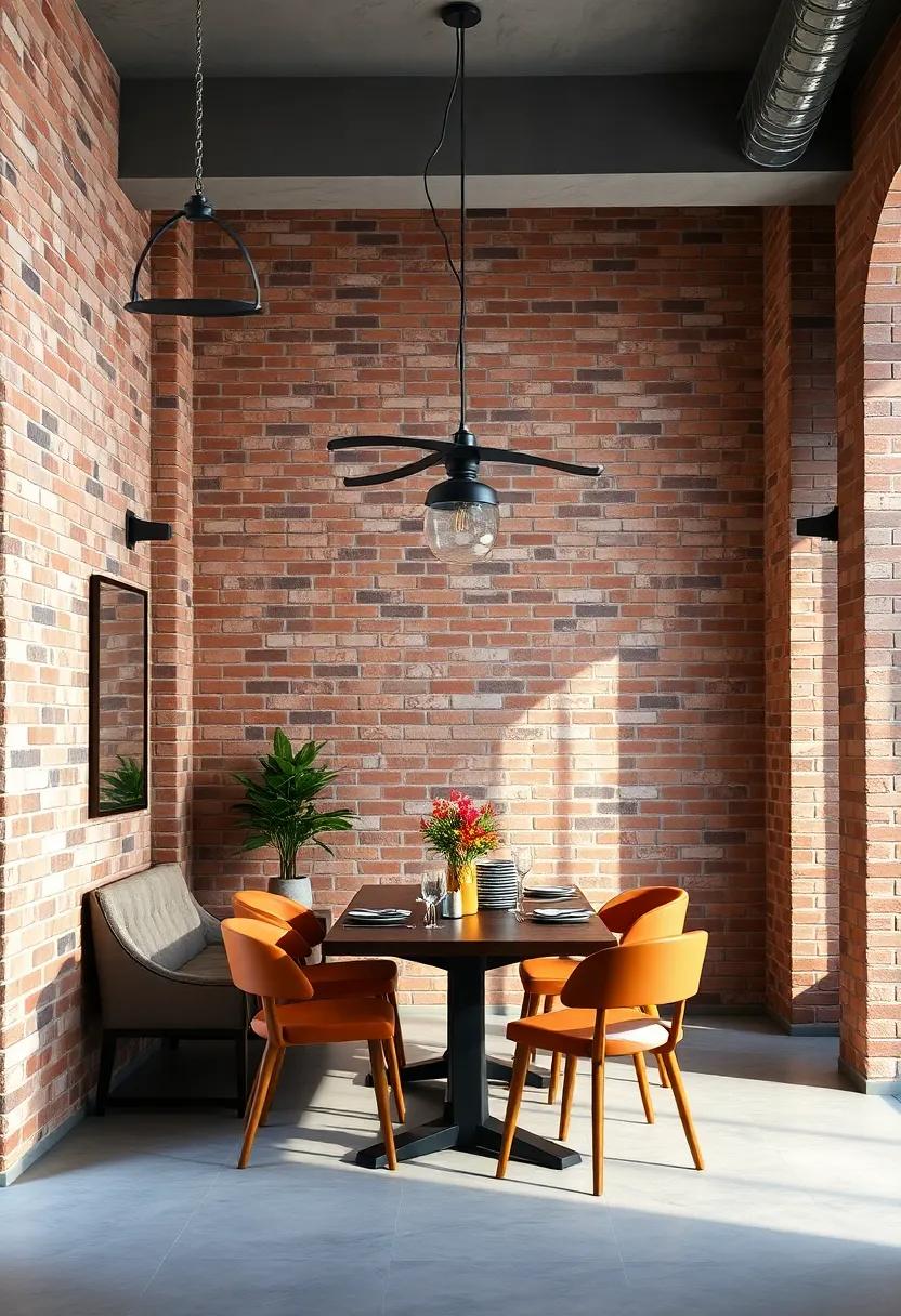 Contemporary dining corner with deep earth-toned brick walls and black iron light fixtures