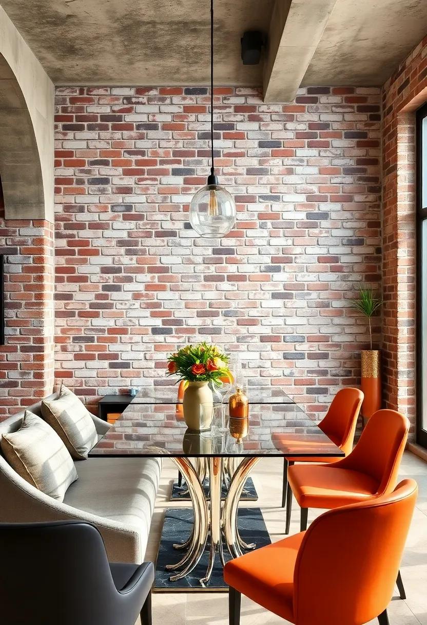Dining room featuring rustic brick walls with shiny chrome accents and sleek glass tabletops
