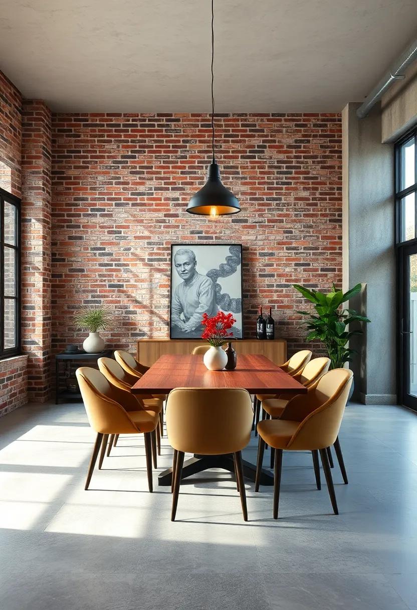 Loft dining area with textured brick wall and industrial pipe shelves filled with plants