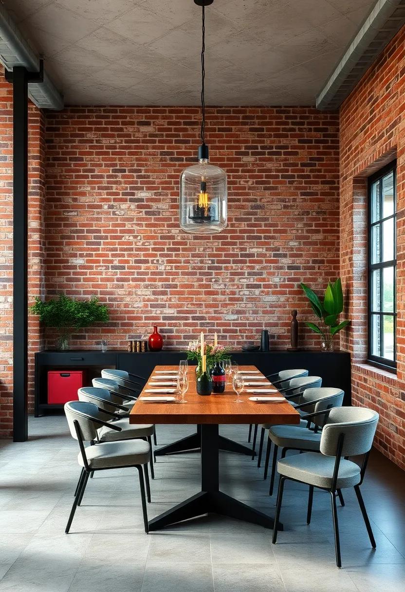 Rustic red brick walls paired with sleek metal fixtures in a modern dining room