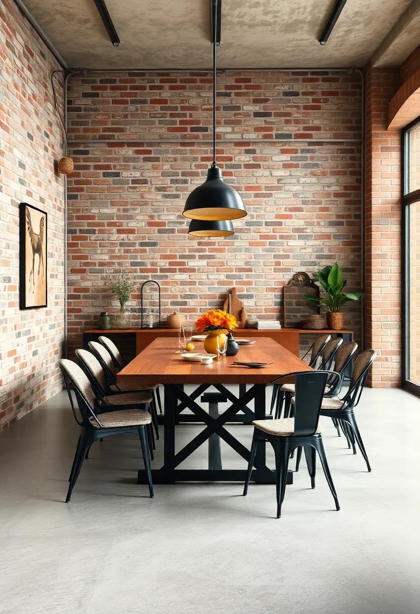 Industrial dining room with weathered brick walls, reclaimed wood table, and steel chairs