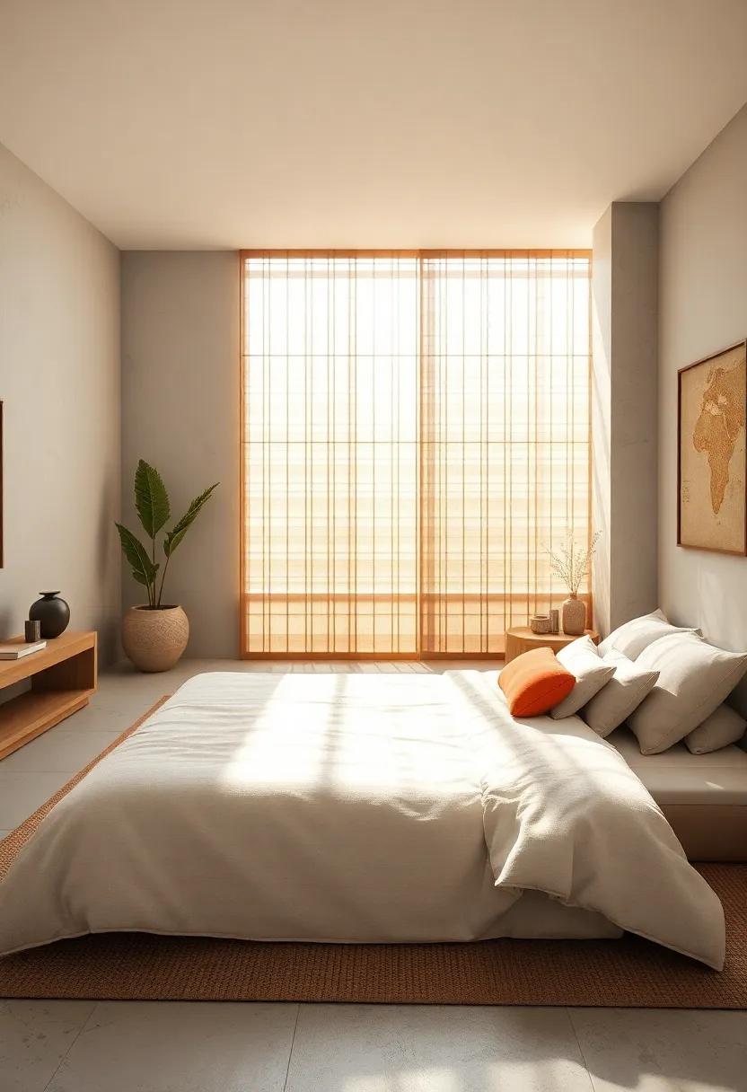 Gentle Rays Filtering Through Bamboo Blinds Casting Soft Patterns on Tatami Mats
