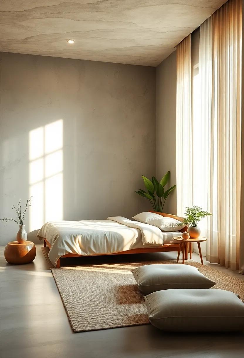 Peaceful Zen Bedroom Infused with Soft Morning Light and Sparse Greenery Accents
