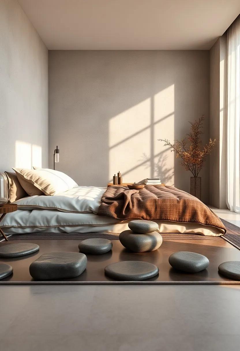 Filtered Sunlight Touching Linen Bedding and Smooth River Stones for Mindful Calm