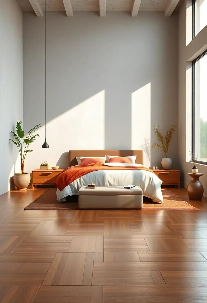 Soft Sunlight Reflecting Off Polished Bamboo Floors in a Minimalist Tranquil Room