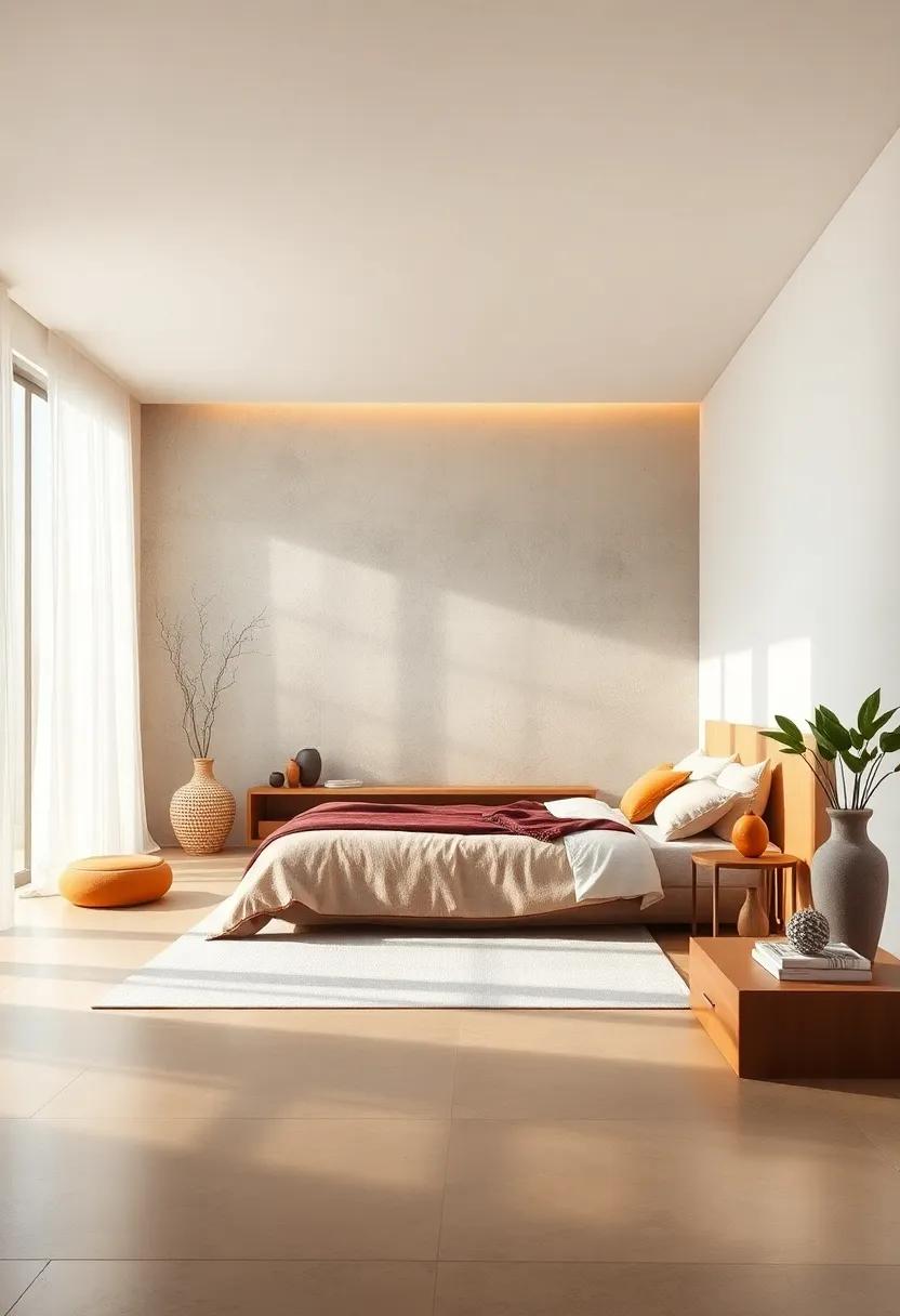 Amber Light Falling Softly Across a Sparse Bedroom with Captivating Zen Accents