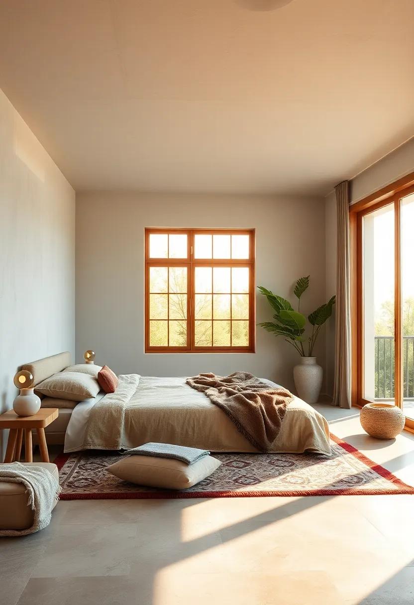 Zen Bedroom Awash with Quiet Golden Hour Light Filtering Through Untreated Wood Windows