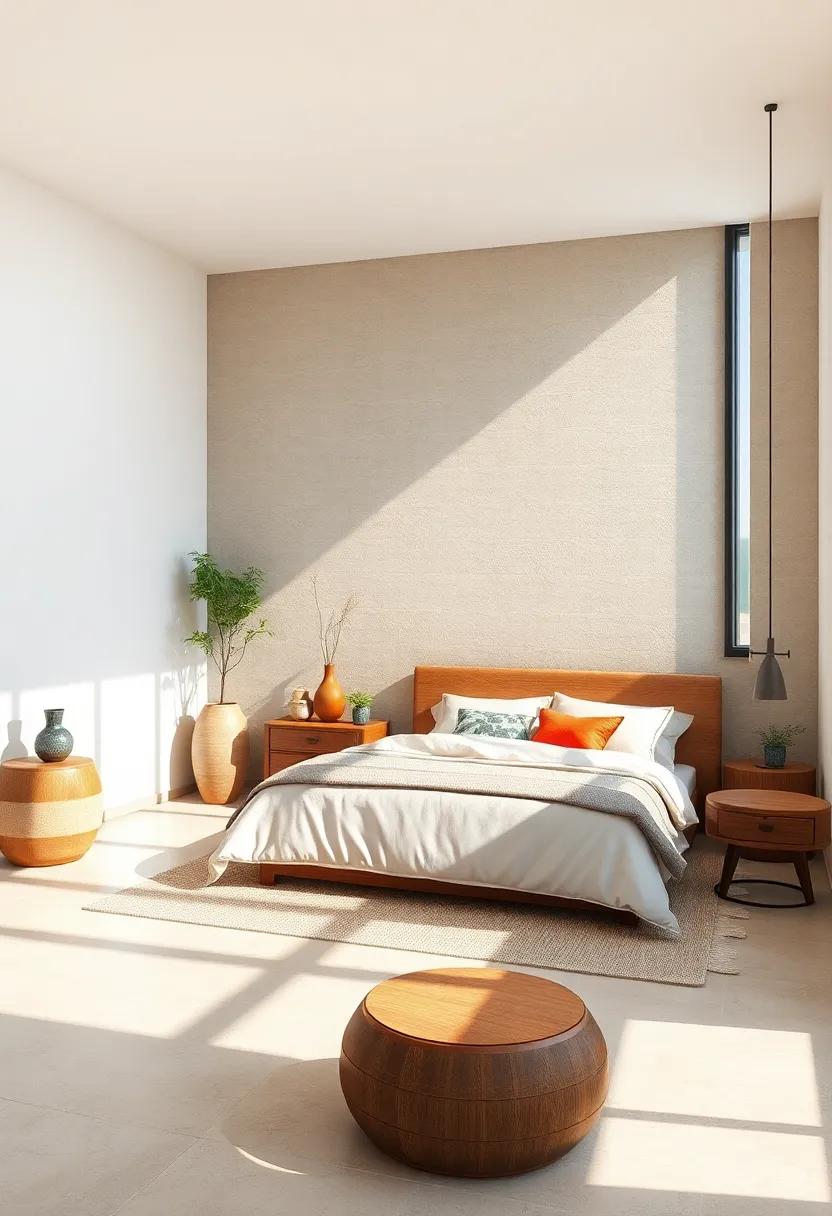 Natural Daylight Embracing Stone and Wood Textures in a Serene Zen Sleeping Quarters