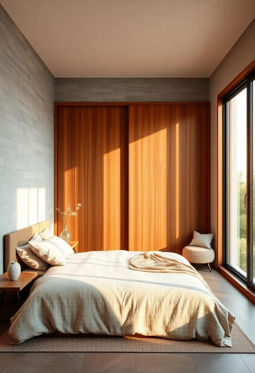 Warm Light Slipping Between Sliding Wood Panels Creating Peaceful Bedroom Shadows