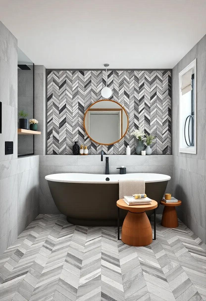 Black and White Herringbone Floor-to-Ceiling Tiles